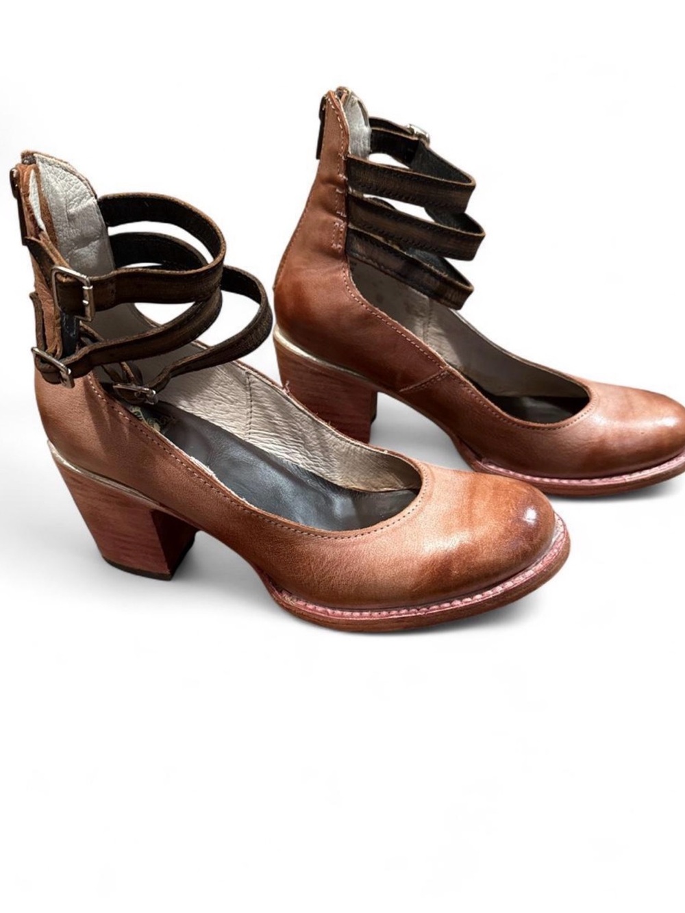 freebird Tan Brown Leather Ankle-Strap Block Heel Pumps